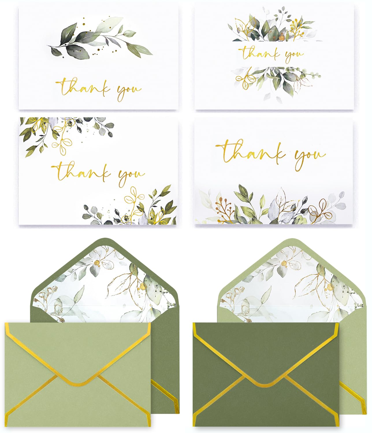 VEEYOL 100 Gold Foil Thank You Cards with Envelopes, 5x3.75 Inches Greenery Eucalyptus Thank You Notes For Wedding, Baby Shower, Graduation, Bridal, Business, Anniversary