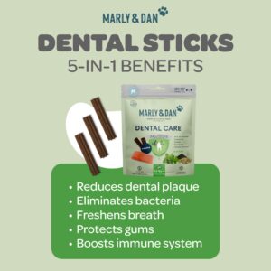 Marly & Dan Dental Care Chew Sticks, 5-in-1 Benefits for Dental and Immune System Health, Salmon, Peppermint & Green Tea, Chew Treats for Dogs (Dogs Over 25lbs)