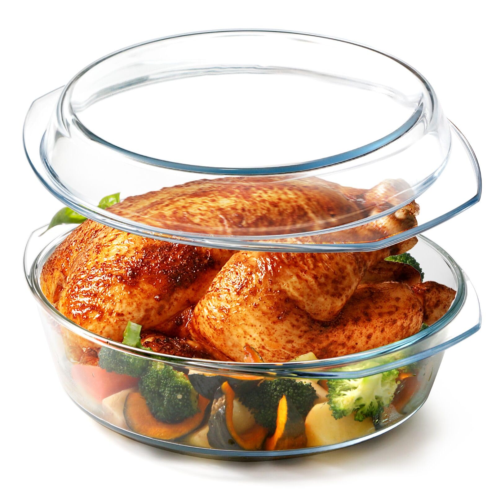 NUTRIUPS 4L Round Glass Casserole Dish with Glass Lid, Tempered Glass, Large Glass Microwave Bowls with Glass Lid