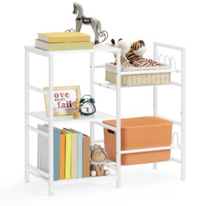 2 in 1 kids bookshelf & kids toy storage, 5 tier shelf for kids, bookshelf with storage, kids bookcase and toy storage organizer for living room, bedroom, kids room school & nursery, metal, white