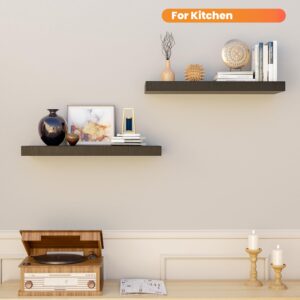 BATODA 17 Inch Black Floating Shelves Wall Mounted for Bathroom – Rustic Farmhouse Wooden Wall Storage Shelf Bedroom, Kitchen, Home Décor - Brackets and Shelving Mounting (Set of 2 Acacia Wood)