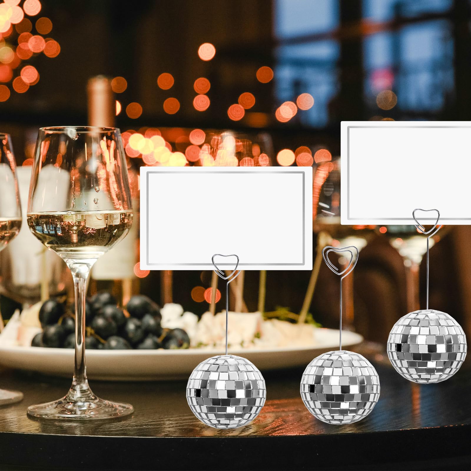 Whaline 60Pcs 2 Inch Disco Ball Table Number Holders Place Cards Set Silver Tented Cards Name Cards Stands with Heart Swirl Wire for Wedding Party Table Sign Display Supplies