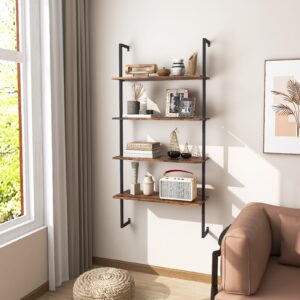 Tangkula 4-Tier Bookshelf, Wall-Mounted Open Bookcase with Metal Frame, Industrial Display Storage Ladder Shelf for Study, Living Room & Kitchen (1, Brown)