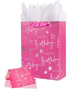 jwscysy 16.5" extra large happy birthday gift bag with card and tissue papers, huge gift bag for kids girls birthday party (pink)