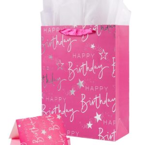 JWSCYSY 16.5" Extra Large Happy Birthday Gift Bag with Card and Tissue Papers, Huge Gift Bag for Kids Girls Birthday Party (Pink)