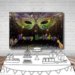 MEHOFOND 7x5ft Mardi Gras Theme Backdrop Masquerade Happy Birthday Party Background Purple Green Gold Mask Dancing Prom Party Photo Booth for Wedding Bachelorette Party Decorations Banner