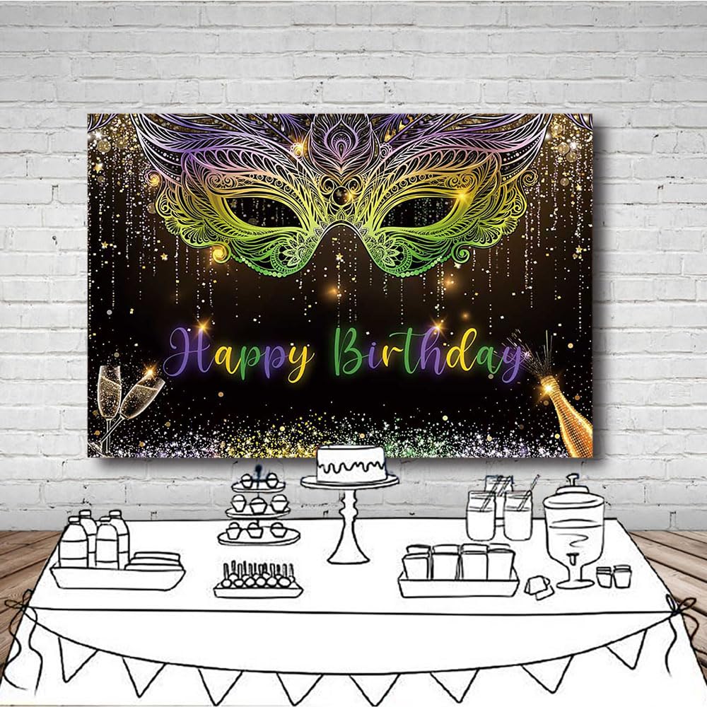 MEHOFOND 7x5ft Mardi Gras Theme Backdrop Masquerade Happy Birthday Party Background Purple Green Gold Mask Dancing Prom Party Photo Booth for Wedding Bachelorette Party Decorations Banner