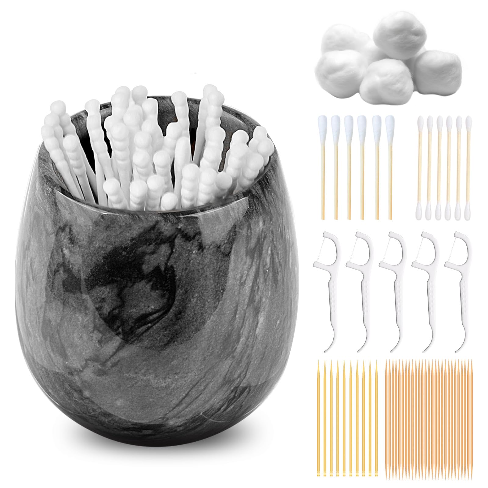 Marble Qtip Holder, Cotton Balls Holder - Modern Dispenser for Bathroom Organization - Q Tip Canister Accessories Cute Jar for Q-tip, Cotton Swabs, Toothpicks, Cotton Balls, Floss Sticks, Sea Salt