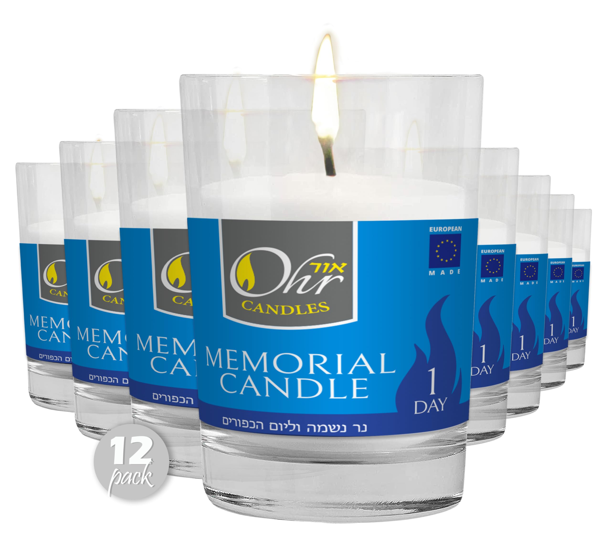 Ohr Candles Yahrzeit Memorial Candles - 1 Day Yahrzeit Candle - Yartzeit Candles 24 Hour Yom Kippur Jewish Candles in Glass Tumbler - 12 Pack