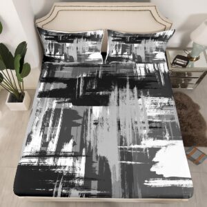 Feelyou Grey Black White Abstract Bed Sheets Set King Size Geometric Sheet Set for Kids Stripe Line Sheets with Deep Pocket Fitted Sheet Women Men Teens Ultra Soft Decor Modern Art Bedding Set