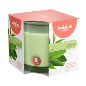 bolsius green tea scented candle - premium long-lasting candle jar, 43+ hours burning time - natural candle with plant-based wax- smokeless. clean-burning aromatherapy candle - large, 8oz glass jar