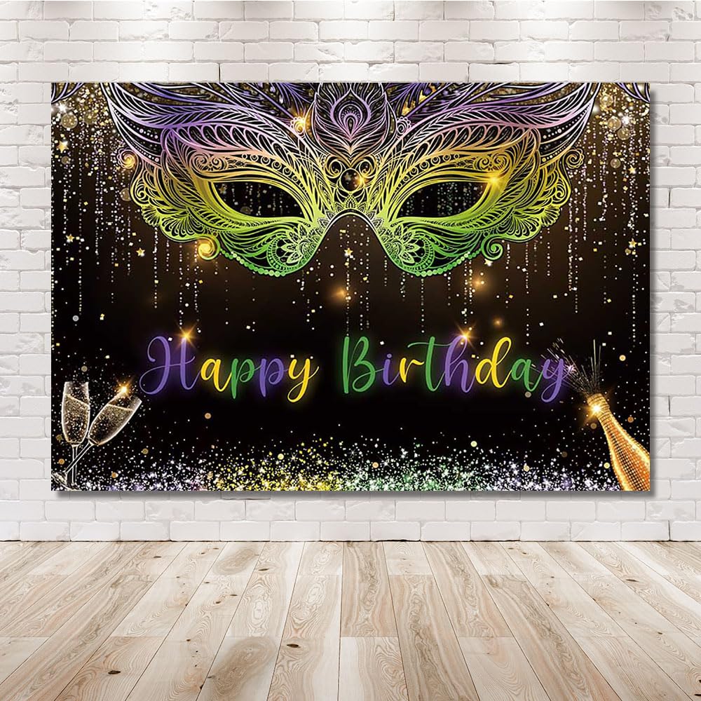 MEHOFOND 7x5ft Mardi Gras Theme Backdrop Masquerade Happy Birthday Party Background Purple Green Gold Mask Dancing Prom Party Photo Booth for Wedding Bachelorette Party Decorations Banner