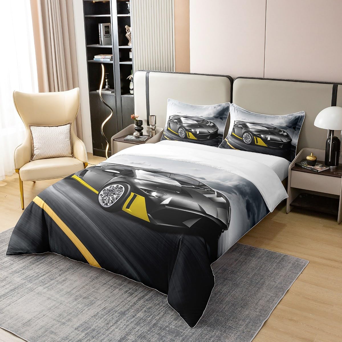 Erosebridal 100% Cotton Race Car Comforter Cover Full Size for Kids Boys Teens Cool Speed Racing Car Bedding Set Automobile Print Sports Game Theme Duvet Cover 3 Pcs with 2 Pillow Cases, Grey Black