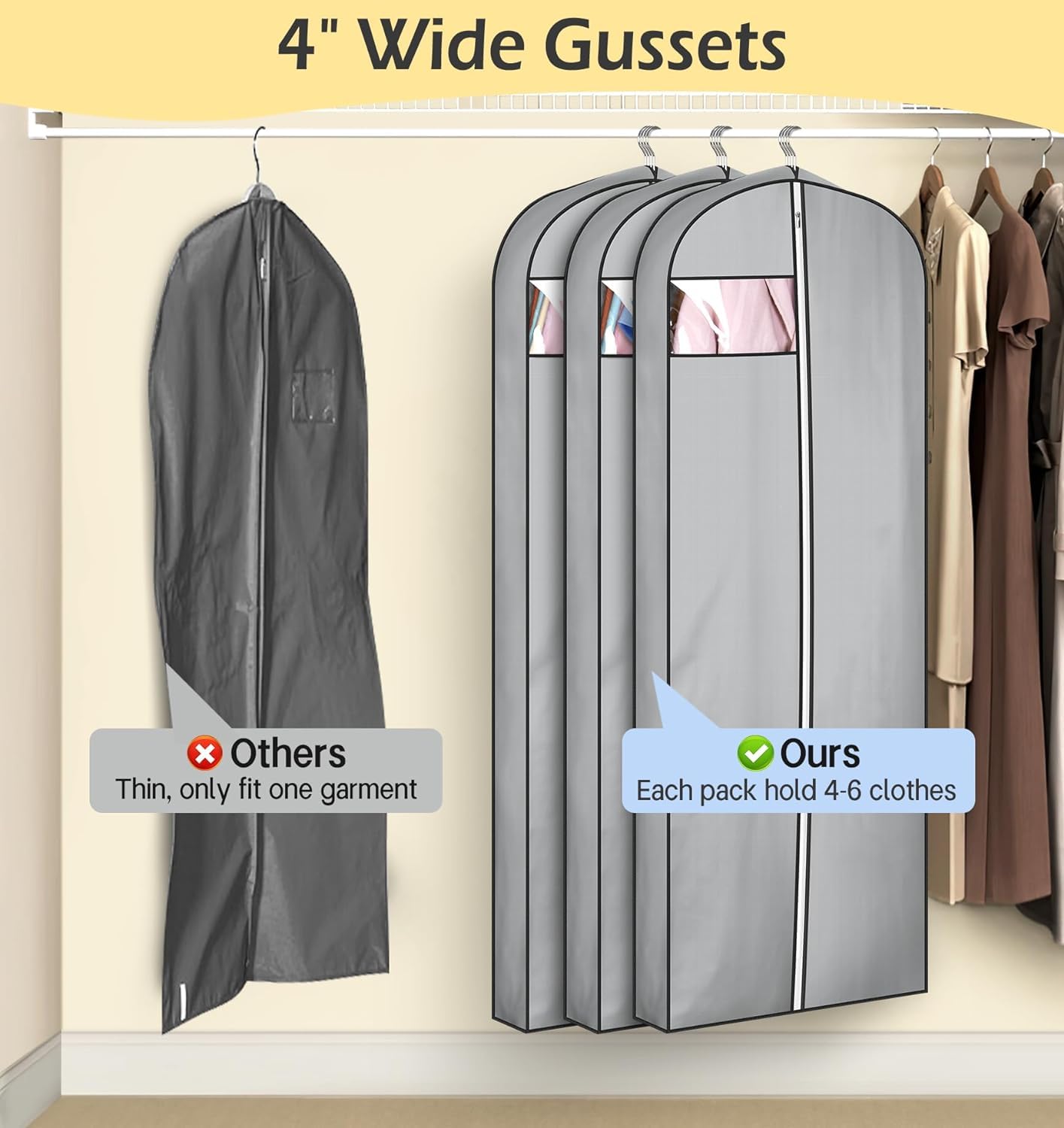 MISSLO 4" Gusseted Garment Bags for Hanging Clothes 65" Dress Bags for Gowns Long Waterproof Dress Cover for Closet Hanging Clothes Storage Bag, 3 Packs