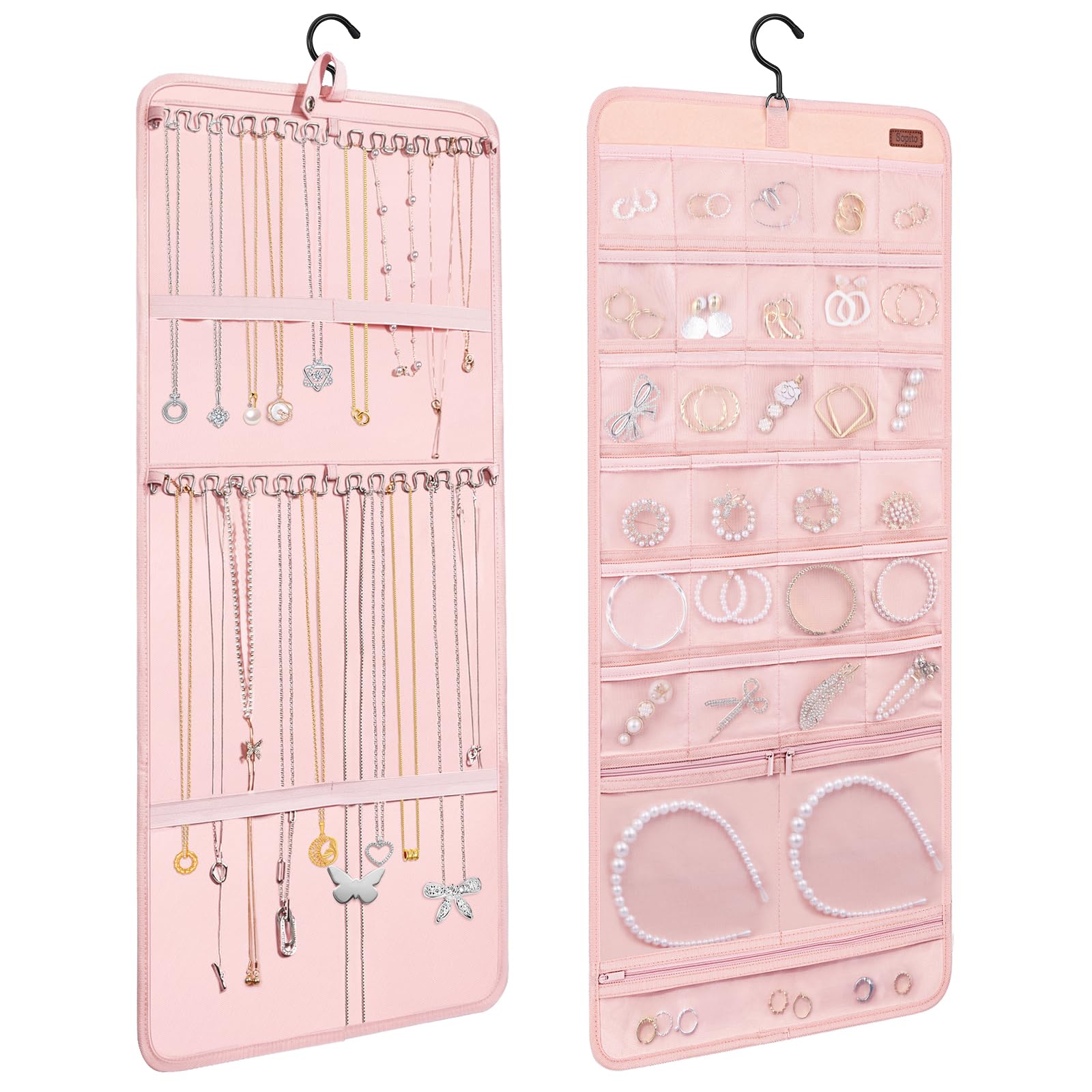 Sopito Hanging Jewelry Organizer, Foldable Jewelry Holder Organizer Dual-Sided with Hanger Metal Hooks for Necklaces Rings Earrings