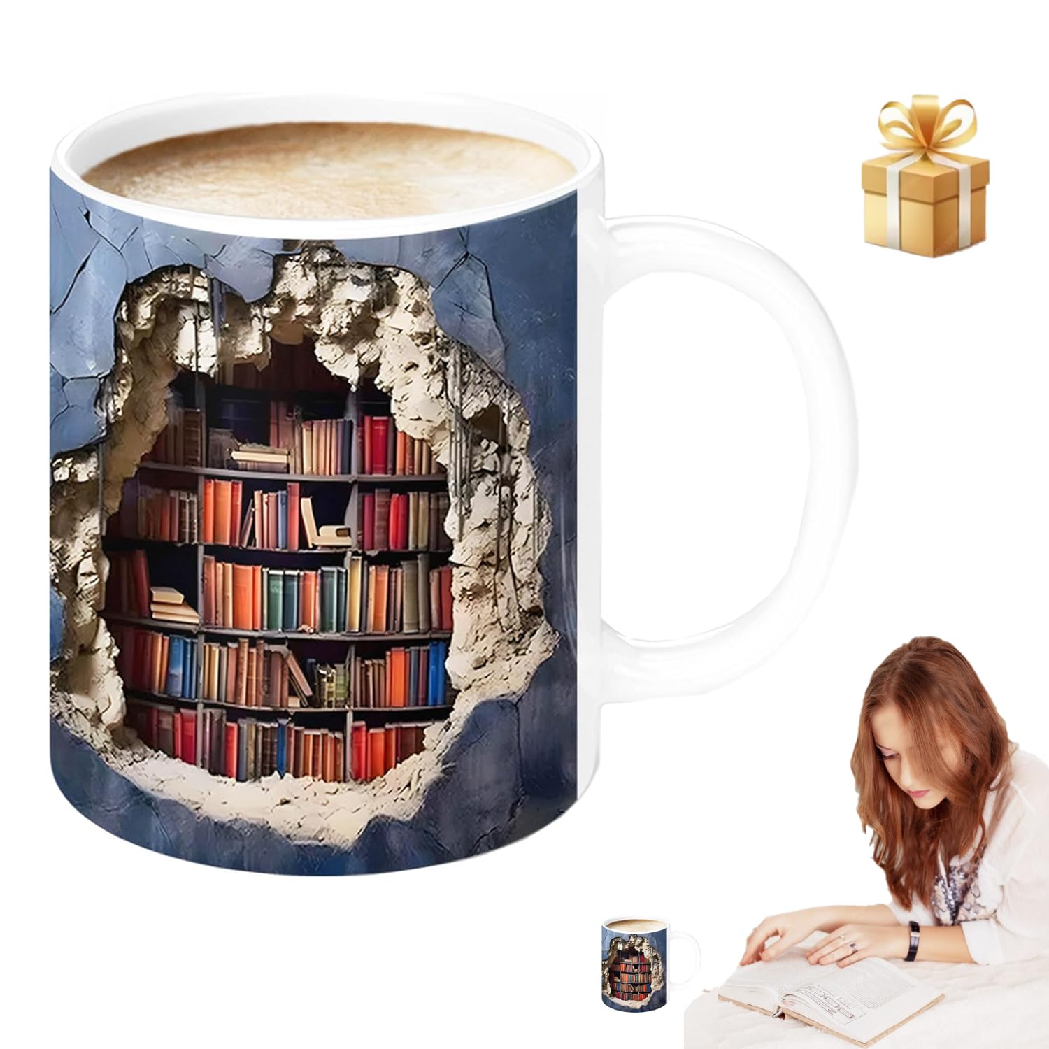 Jaysanter Visual Effect 3D Bookshelf Mug, Book Mug, Library Bookshelf Mug, Coffee Mug for Book Lovers Gifts, Creative Book Club Mug, Creative Space Design Multi-Purpose Ceramic Mug (Blue)