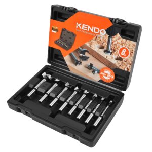 kendo 8 piece forstner bit set, made of alloy steel, forstner bits for woodworking, auger opener round shank drilling cutting tool for hardwood, softwood, plastic, plywood with storage case