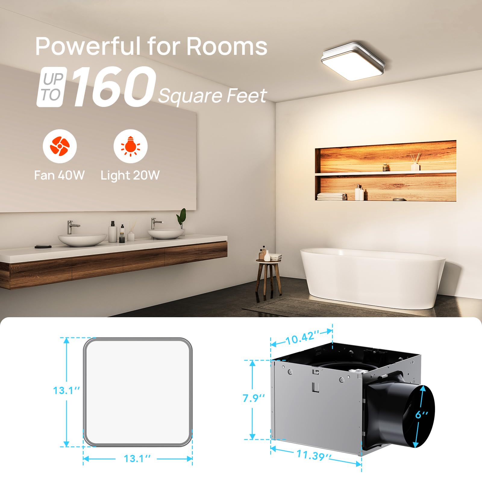 Consciot Bathroom Exhaust Fan with Light, 110/160 CFM Adjustable, 1.0 Sone, 40W Bathroom Ventilation Fan with Light for Ceiling, 1500lm LED Light 3000K/4000K/5000K Selectable & 2700K Nightlight