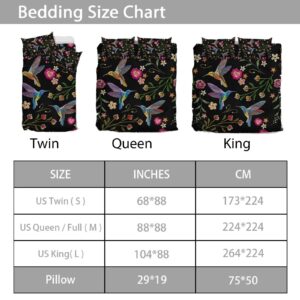 gearider Hummingbirds Floral Pattern Duvet Cover Set, Embroider Style Soft Bedding Set with Zipper Closure for Women Men, Black Lining, Size Queen