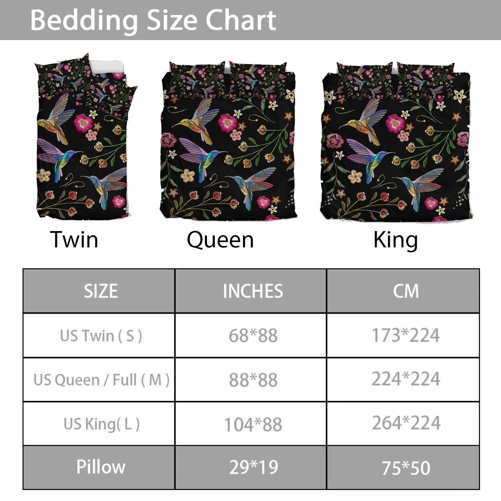 gearider Hummingbirds Floral Pattern Duvet Cover Set, Embroider Style Soft Bedding Set with Zipper Closure for Women Men, Black Lining, Size Queen