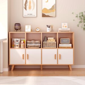 OSCHF Cubby Shelf Bookcase with Doors - Wooden 8 Cube Floor Standing Open Bookshelf with Solid Wood Legs, 2-Tier Low Storage Cabinet, Oak and Warm White