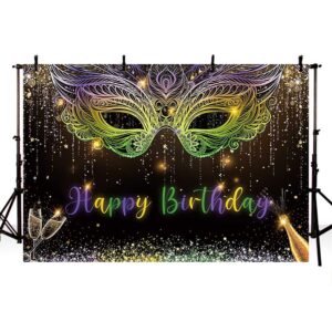 MEHOFOND 7x5ft Mardi Gras Theme Backdrop Masquerade Happy Birthday Party Background Purple Green Gold Mask Dancing Prom Party Photo Booth for Wedding Bachelorette Party Decorations Banner