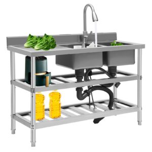 liyuanjun 3 tier commercial sink, 201 stainless steel sink with 2 washing hand basins&drain pipe&faucet indoor floor standing sink for kitchen hotel restaurant storage shelves