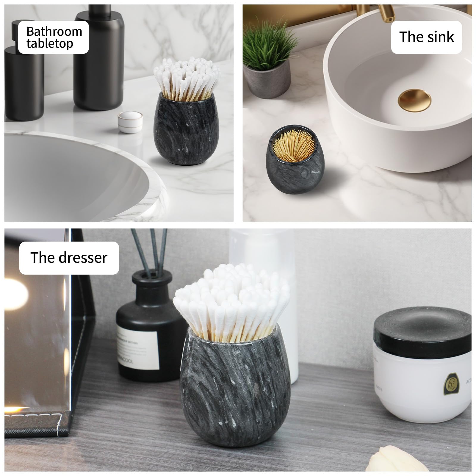 Marble Qtip Holder, Cotton Balls Holder - Modern Dispenser for Bathroom Organization - Q Tip Canister Accessories Cute Jar for Q-tip, Cotton Swabs, Toothpicks, Cotton Balls, Floss Sticks, Sea Salt