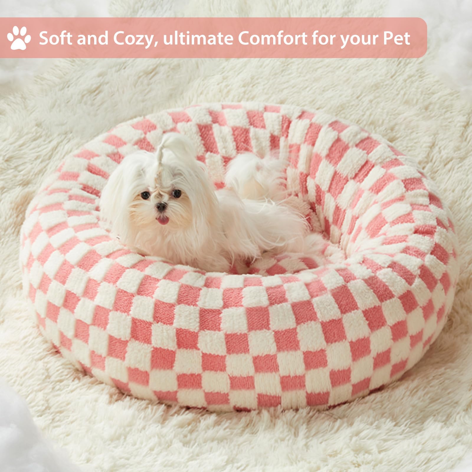 BFPETHOME Donut Dog Beds for Small Dog, Round Cat Beds for Indoor Cats, Calming Pet Bed for Puppy and Kitty with Non-Slip Bottom, Cute Fancy Dog Bed Machine Washable Plush Fabric