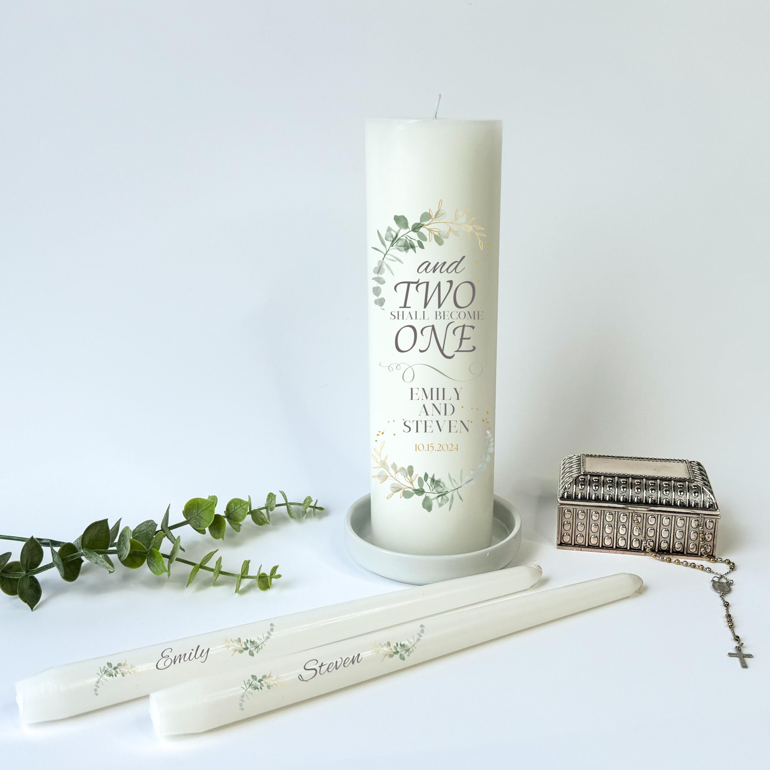 Unity Candles for Wedding, Unity Set, Custom and Personalized Pillar and Taper Candles with Bible Quote, Unscented White Premium Wax, Religious and Wedding Ceremony, Special Events (Custom Date)