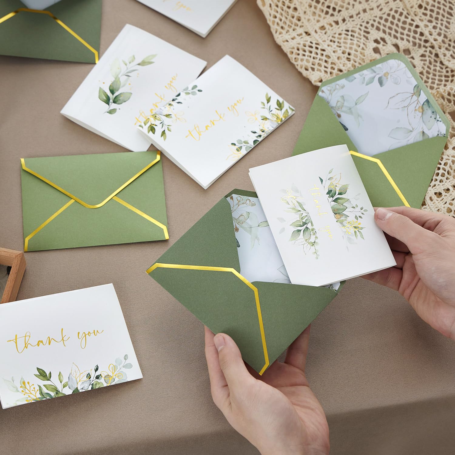 VEEYOL 100 Gold Foil Thank You Cards with Envelopes, 5x3.75 Inches Greenery Eucalyptus Thank You Notes For Wedding, Baby Shower, Graduation, Bridal, Business, Anniversary