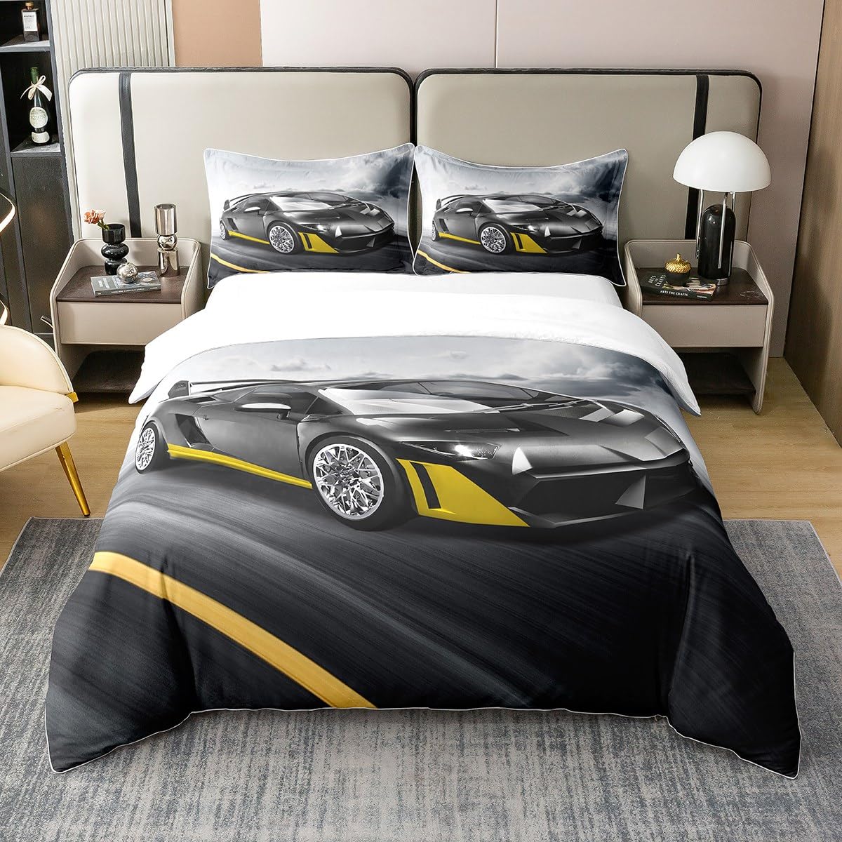 Erosebridal 100% Cotton Race Car Comforter Cover Full Size for Kids Boys Teens Cool Speed Racing Car Bedding Set Automobile Print Sports Game Theme Duvet Cover 3 Pcs with 2 Pillow Cases, Grey Black