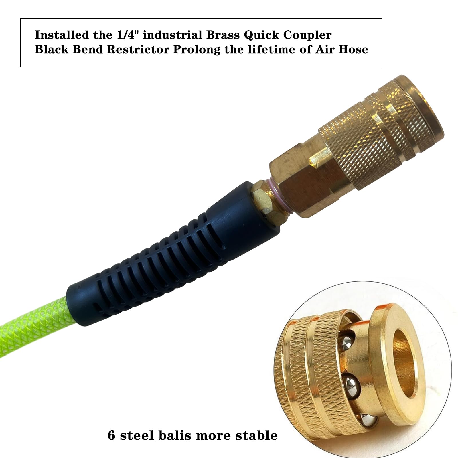 Air Hose 1/4 in x 100 ft, Polyurethane(PU), Reinforced Air Compressor Hose, Lightweight, Kink Resistant with 1/4” Industrial High Flow Quick Coupler&Plug, Bend Restrictors,300 PSI (100FT, White Green)