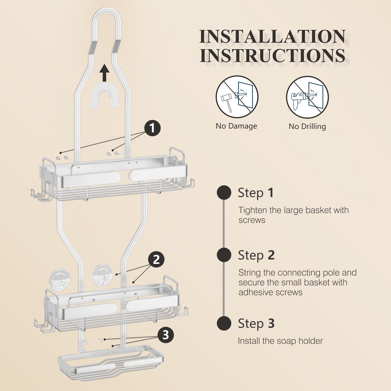 Bathroom Organizer Hanging Shower Caddy: Over Shower Head Shelf for Inside the Bath - Extra Long Rack for Tall Showerhead - Silver