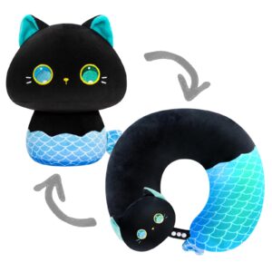 caaaat kids travel pillow, 2 in 1 deformable kids neck pillow with u-shaped pillow & cute cat animal reversible plush toy for airplane, car, train