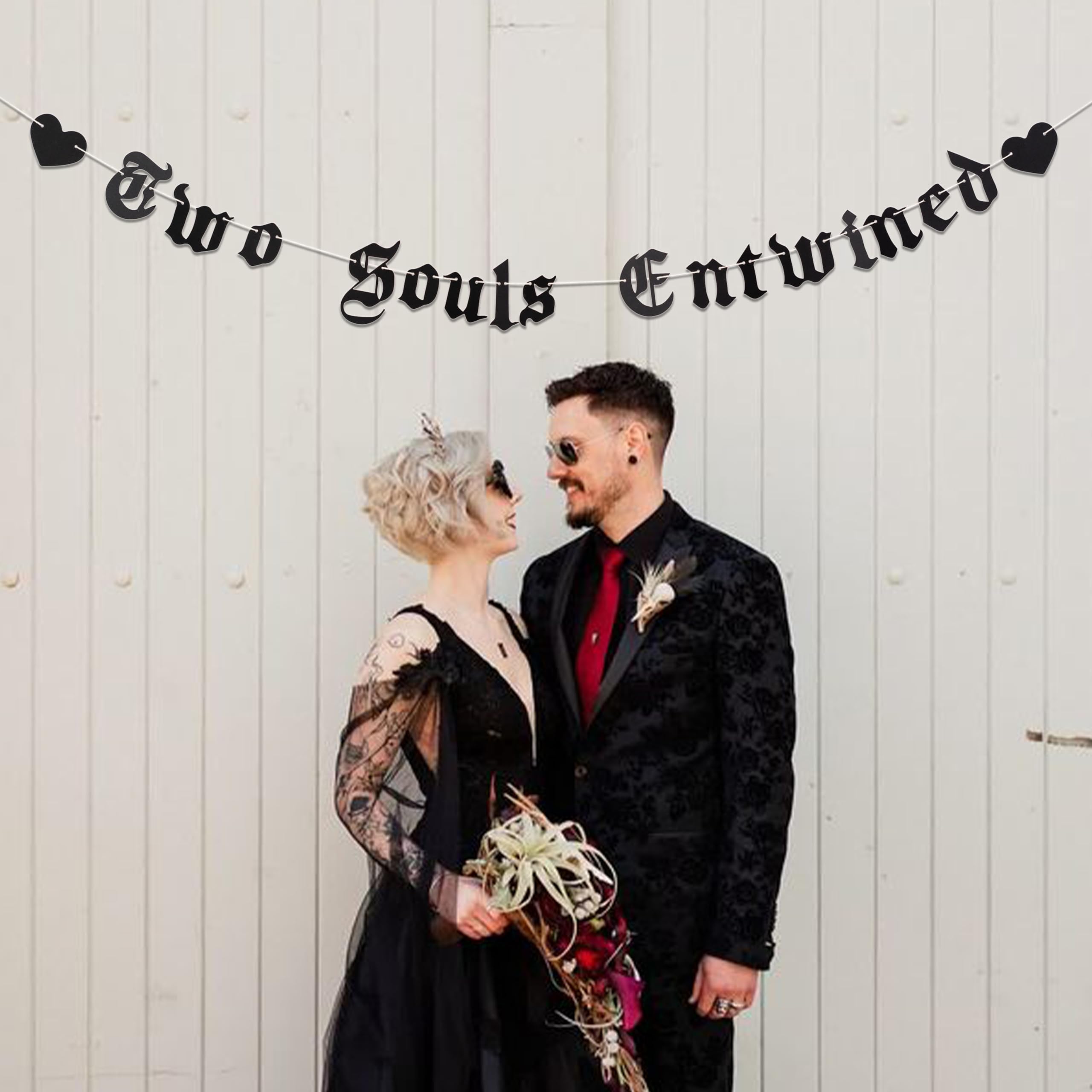 LINZYING Two Souls Entwined Old English Goth Wedding Decoration Banner - Gothic Letter Emo Engagement Party Decor Supplies，Death Themed Wedding Engagement/Bridal Shower Party Decor Supplies (two souls