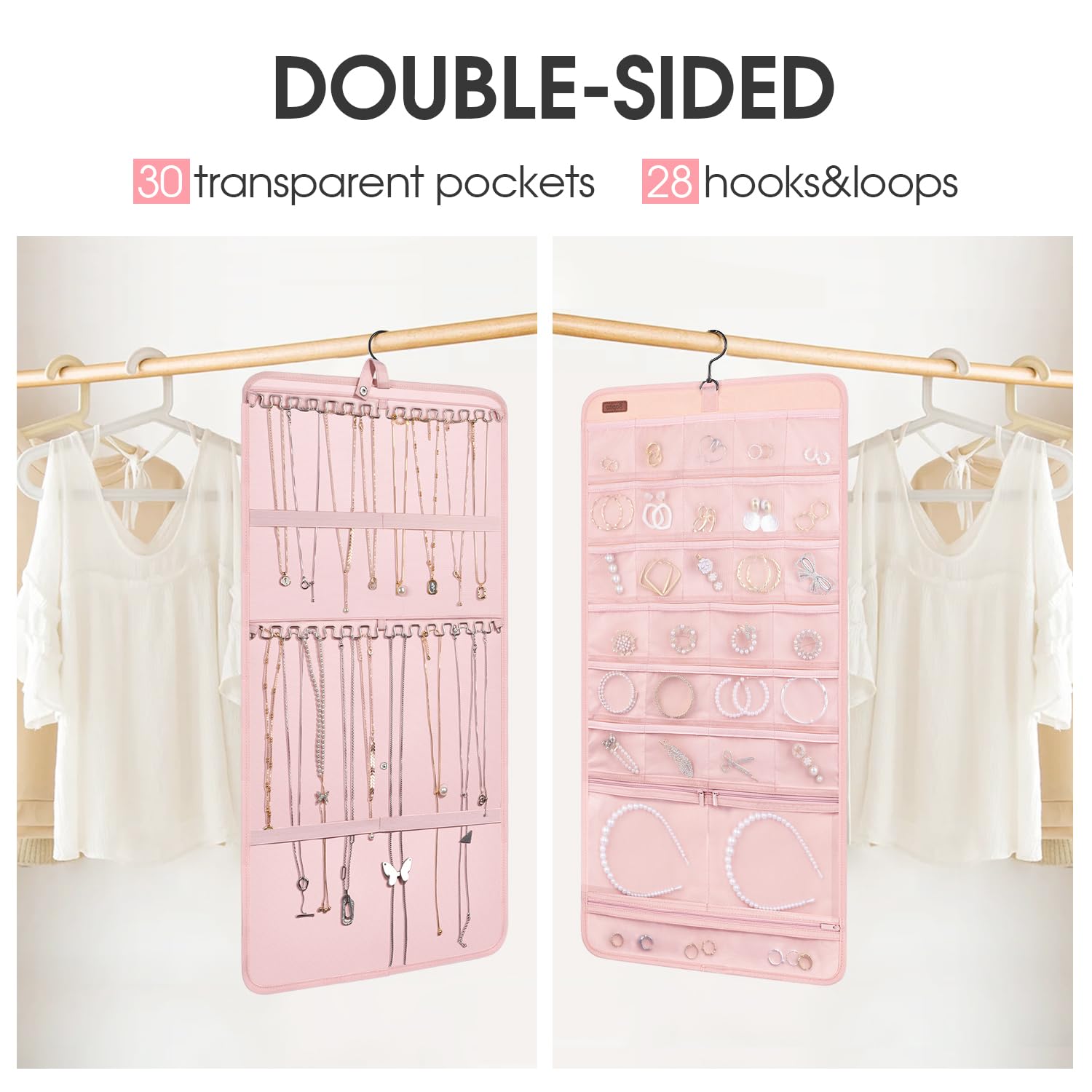 Sopito Hanging Jewelry Organizer, Foldable Jewelry Holder Organizer Dual-Sided with Hanger Metal Hooks for Necklaces Rings Earrings