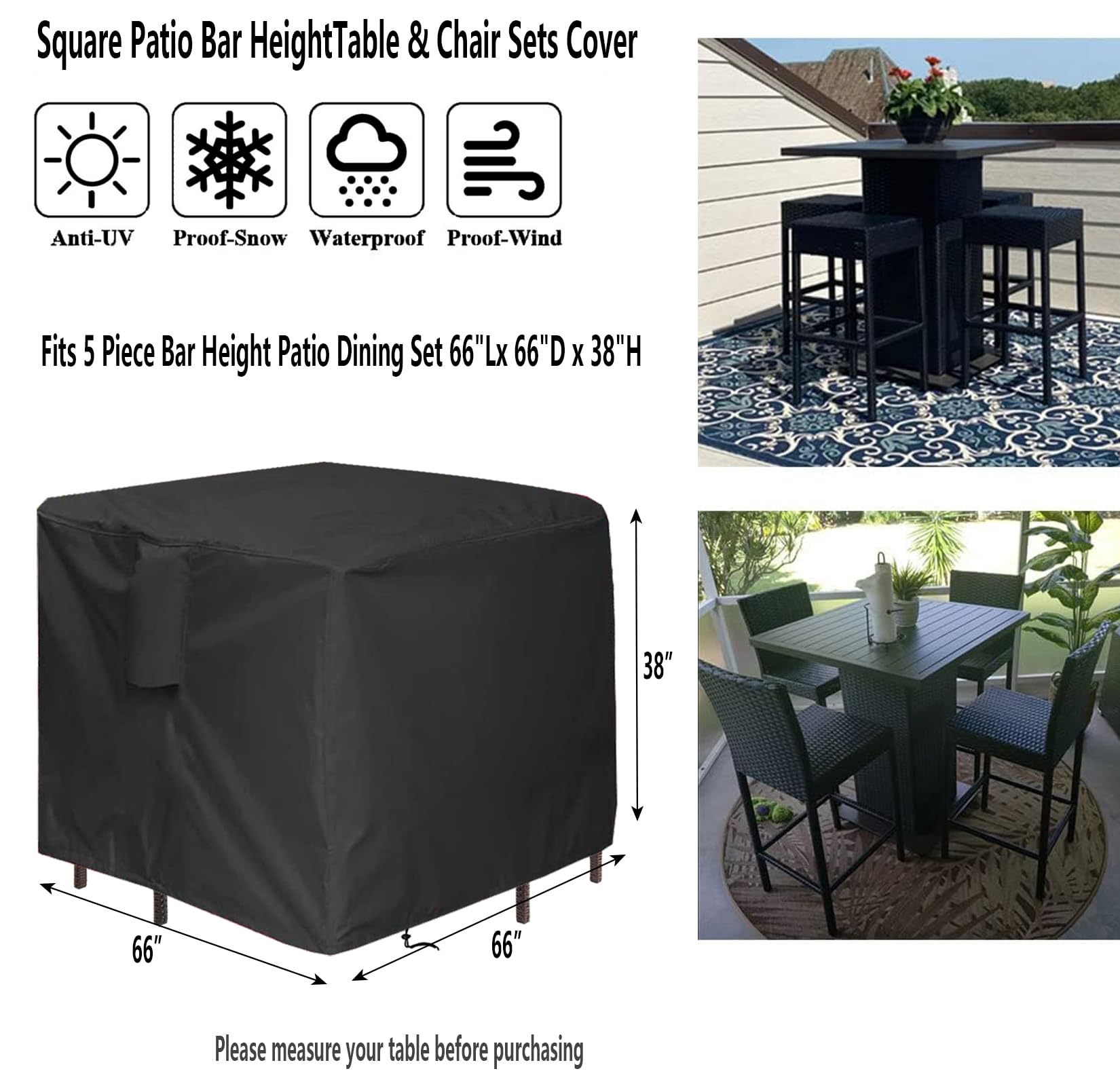 Hengme 5 Piece Bar Height Patio Dining Set Covers, 66 Inch Outdoor Waterproof Square Wicker Bar Table & Chair Sets Cover for Square Table and 4 Chairs - 66"W x 66"D x 38"H