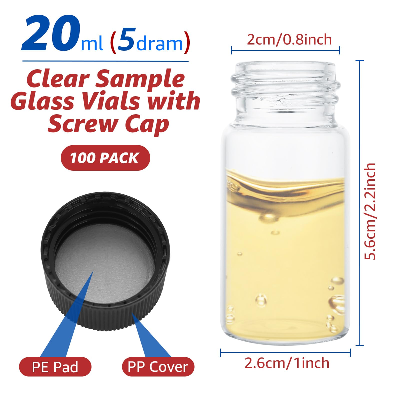 SENENQU 100 PCS 20ml (5 dram) Glass Vials Clear Small Liquid Sample Bottles with Screw Caps, 27.5mm Diameter x 57mm Length Leak-Proof Lab Sample Vials for Laboratory, Seeds