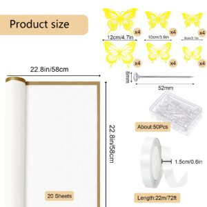 Unarty 20 Sheets White Flower Wrapping Paper with Ribbon, 24Pcs Gold Butterfly Decorations, 50Pcs Flower Pins, Waterproof Bouquet Wrapping Paper with Gold Edge, White Flower Paper Wrap