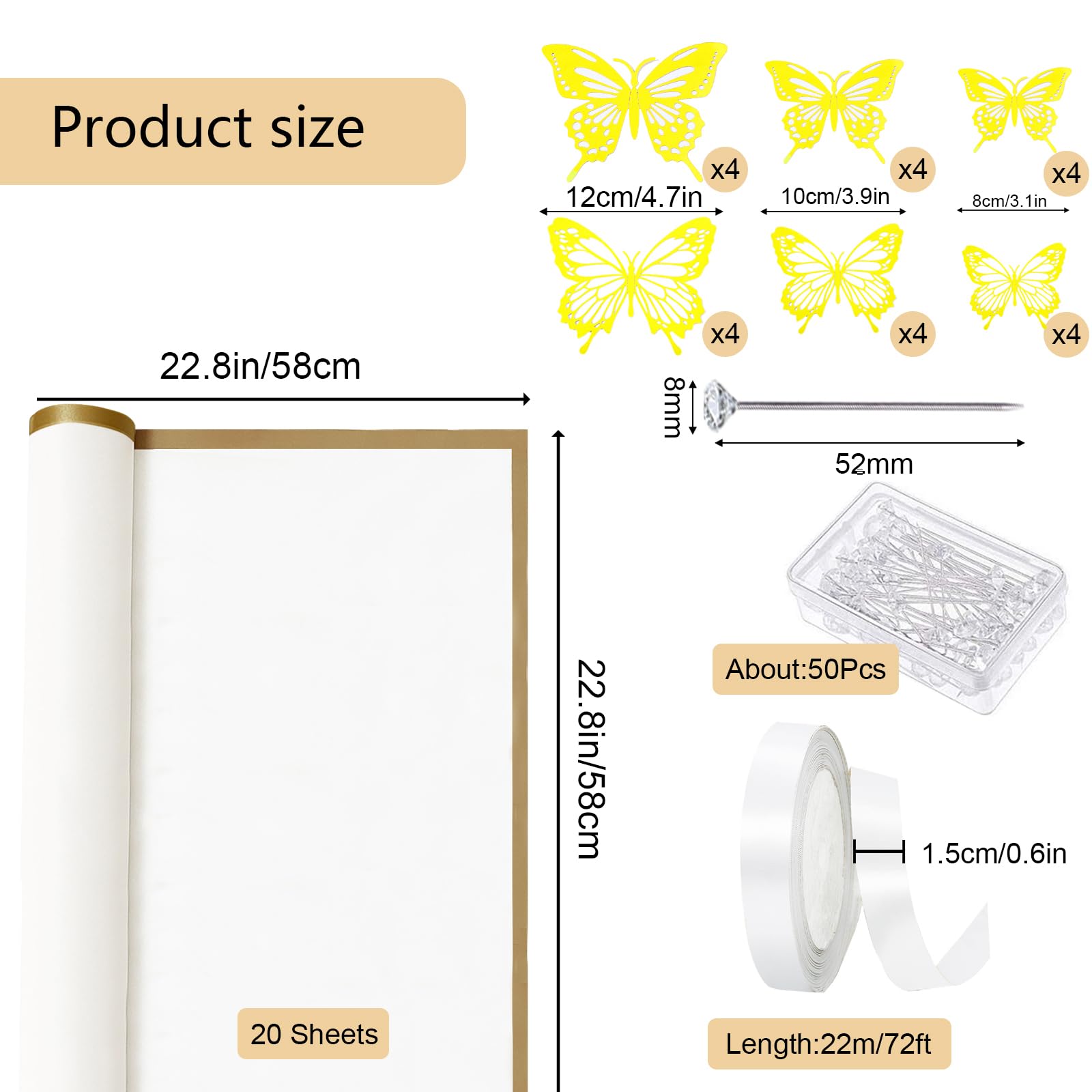 Unarty 20 Sheets White Flower Wrapping Paper with Ribbon, 24Pcs Gold Butterfly Decorations, 50Pcs Flower Pins, Waterproof Bouquet Wrapping Paper with Gold Edge, White Flower Paper Wrap