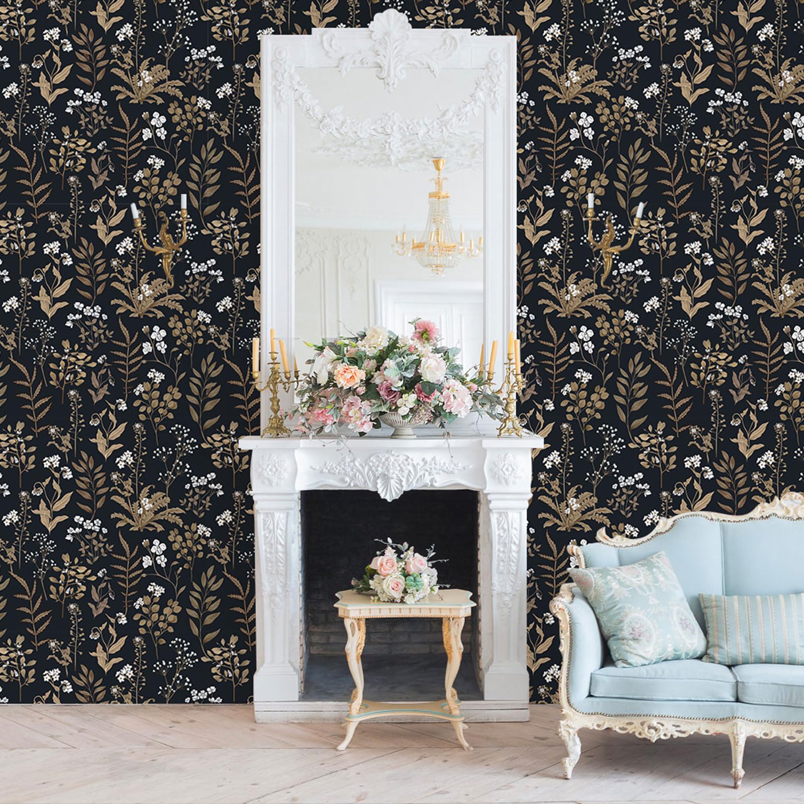 Abyssaly Black and Gold Peel and Stick Wallpaper Vintage, 17.7" x 118" Dark Floral Wallpaper Glod Leaf with White Flower Contact Paper for Wall Furniture Cabinet, Vinyl Self Adhesive Wall Paper