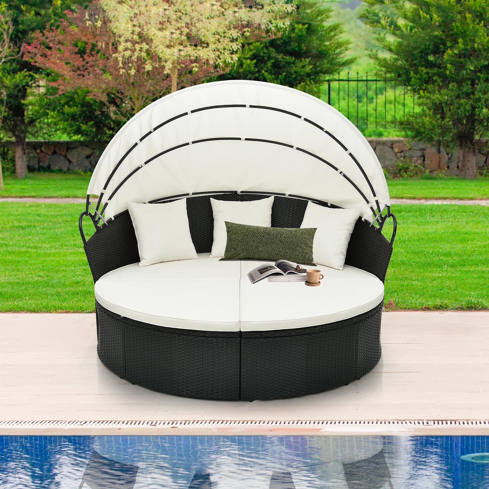 Tangkula Outdoor Patio Round Daybed with Retractable Canopy, Black Rattan Wicker Furniture Sectional Seating with Cushions and Throw Pillows, Seating Separates Cushioned Seats for Backyard (Off White)