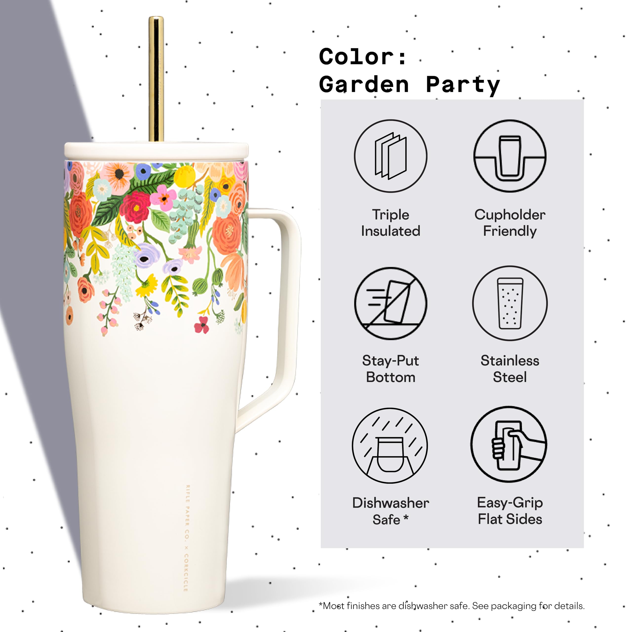 Corkcicle Rifle Paper 30oz Tumbler With Handle, Garden Cream Floral, Reusable Water Bottle, Triple Insulated Stainless Steel Travel Mug, BPA Free, Cold 12 Hours, Tumbler with Lid and Straw