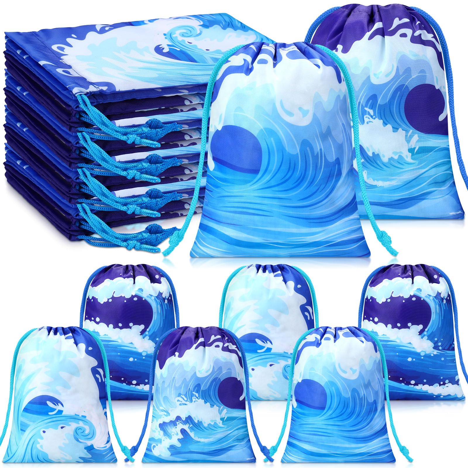 Capoda 16 Pcs Ocean Waves Gift Bags Bulk Sea Drawstring Bags Blue Beach Pool Reusable Treat candy favor Goodie Bags for Summer Swimming Birthday Party Decoration Shower Supplies