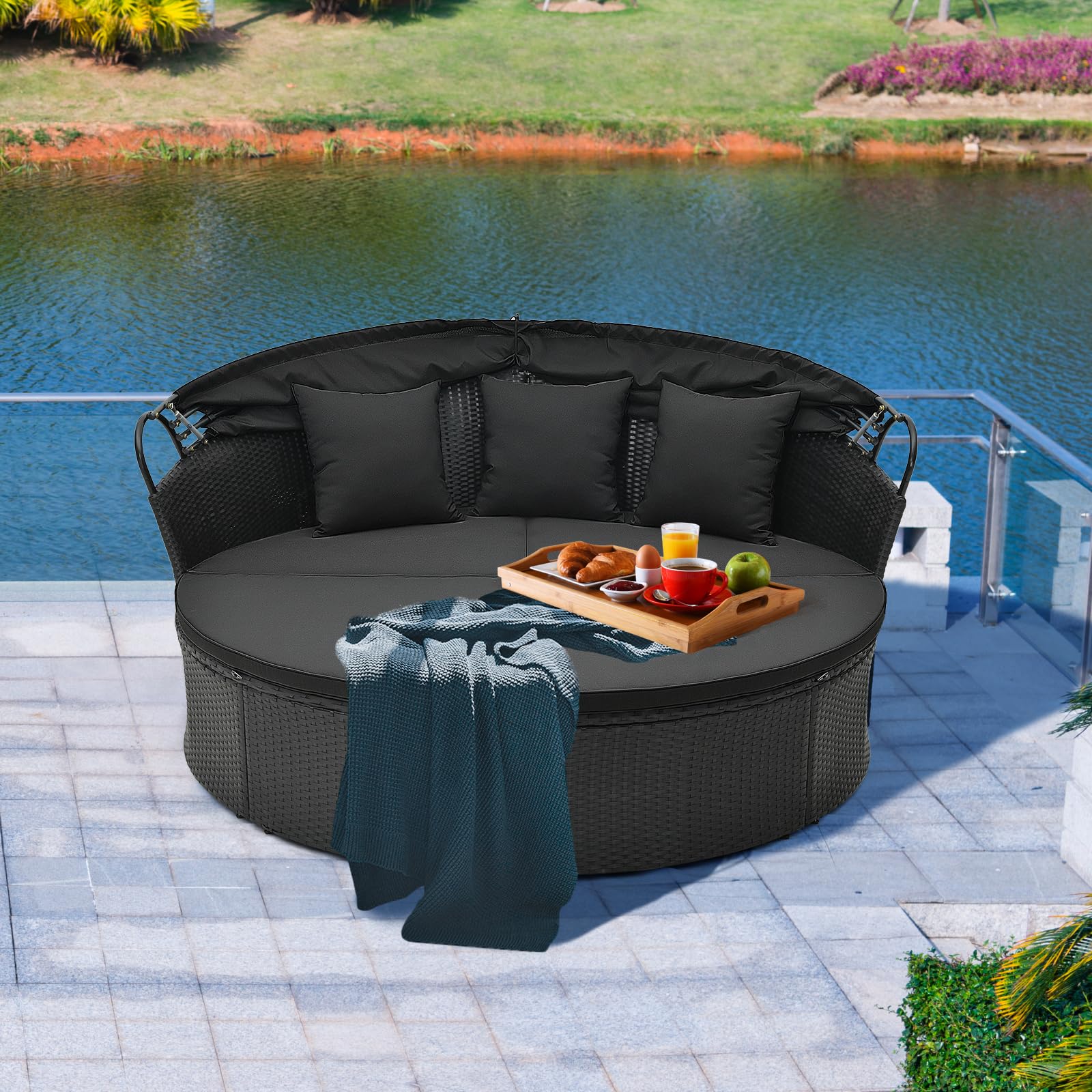 Tangkula Outdoor Patio Round Daybed with Retractable Canopy, Black Rattan Wicker Furniture Sectional Seating with Cushions and Throw Pillows, Seating Separates Cushioned Seats for Backyard (Black)