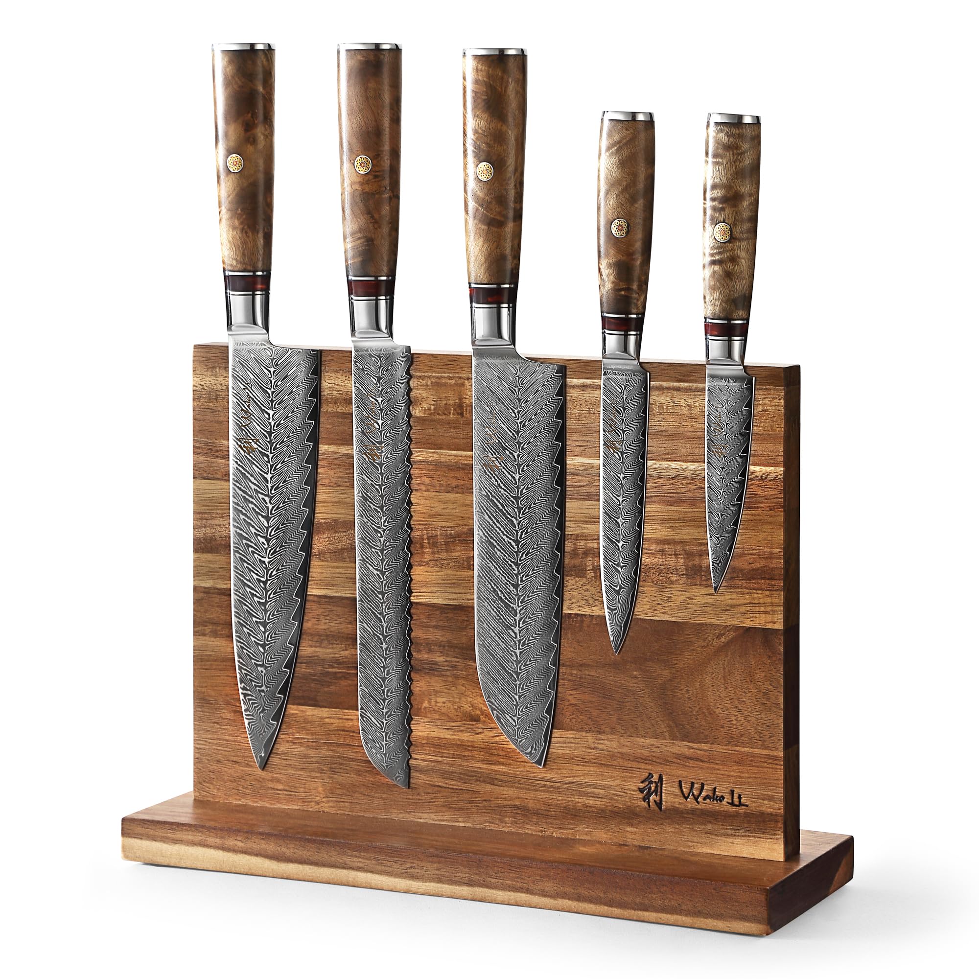 Wakoli Knife Block Sets, 5 Pieces Chef Knife Set with Block - Damascus Kitchen Knife Set with Magnetic Knife Block, Professional Kitchen Knife Block Set with Sycamore Wood Handles (Culinary Sycamore)