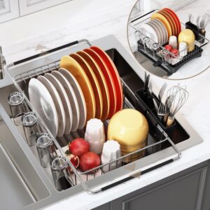 romision sink dish drying rack - dish drainers with drainboard for kitchen counter, use for countertops & in-sinks & over-sink, stainless steel dish dryer racks with utensil & cup holder, silver