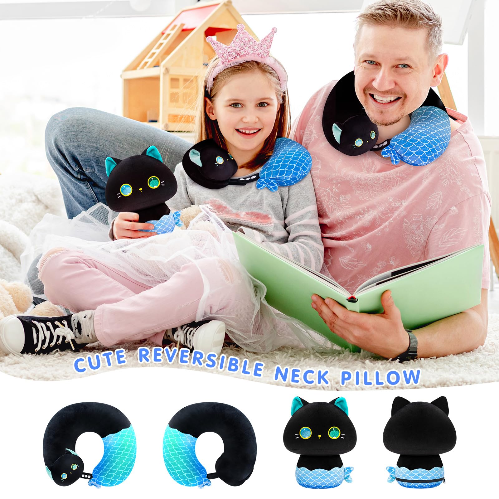 Caaaat Kids Travel Pillow, 2 in 1 Deformable Kids Neck Pillow with U-Shaped Pillow & Cute Cat Animal Reversible Plush Toy for Airplane, Car, Train