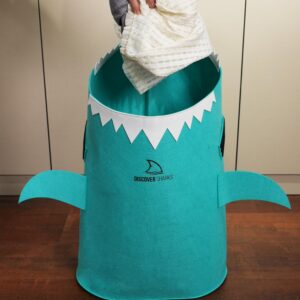 DiscoverSharks Sharky Hamper - Laundry basket for kids. Felt laundry hampers with a fun shark design to encourage kids to tidy their rooms. Toy organizer and basket. (Teal)